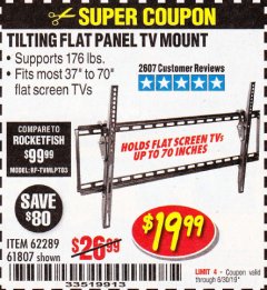 Harbor Freight Coupon ARMSTRONG 37 IN. TO 70 IN. LARGE TILT FLAT PANEL TV MOUNT Lot No. 64356 Expired: 6/30/19 - $19.99