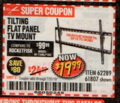 Harbor Freight Coupon ARMSTRONG 37 IN. TO 70 IN. LARGE TILT FLAT PANEL TV MOUNT Lot No. 64356 Expired: 7/31/19 - $19.99
