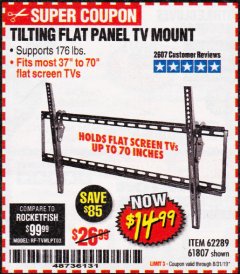 Harbor Freight Coupon ARMSTRONG 37 IN. TO 70 IN. LARGE TILT FLAT PANEL TV MOUNT Lot No. 64356 Expired: 8/31/19 - $14.99