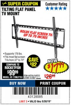 Harbor Freight Coupon ARMSTRONG 37 IN. TO 70 IN. LARGE TILT FLAT PANEL TV MOUNT Lot No. 64356 Expired: 9/30/19 - $17.99