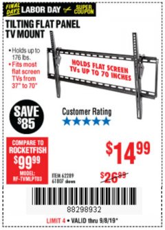 Harbor Freight Coupon ARMSTRONG 37 IN. TO 70 IN. LARGE TILT FLAT PANEL TV MOUNT Lot No. 64356 Expired: 9/8/19 - $14.99