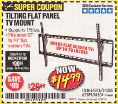 Harbor Freight Coupon ARMSTRONG 37 IN. TO 70 IN. LARGE TILT FLAT PANEL TV MOUNT Lot No. 64356 Expired: 11/30/19 - $14.99