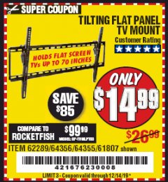 Harbor Freight Coupon ARMSTRONG 37 IN. TO 70 IN. LARGE TILT FLAT PANEL TV MOUNT Lot No. 64356 Expired: 12/14/19 - $14.99