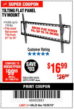 Harbor Freight Coupon ARMSTRONG 37 IN. TO 70 IN. LARGE TILT FLAT PANEL TV MOUNT Lot No. 64356 Expired: 10/20/19 - $16.99