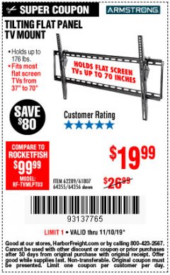 Harbor Freight Coupon ARMSTRONG 37 IN. TO 70 IN. LARGE TILT FLAT PANEL TV MOUNT Lot No. 64356 Expired: 11/10/19 - $19.99