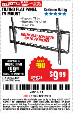 Harbor Freight Coupon ARMSTRONG 37 IN. TO 70 IN. LARGE TILT FLAT PANEL TV MOUNT Lot No. 64356 Expired: 12/8/19 - $9.99