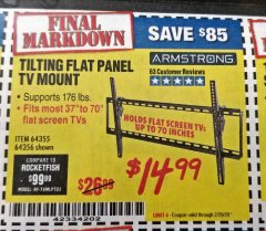 Harbor Freight Coupon ARMSTRONG 37 IN. TO 70 IN. LARGE TILT FLAT PANEL TV MOUNT Lot No. 64356 Expired: 2/29/20 - $14.99