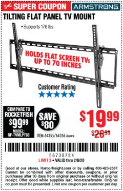 Harbor Freight Coupon ARMSTRONG 37 IN. TO 70 IN. LARGE TILT FLAT PANEL TV MOUNT Lot No. 64356 Expired: 2/9/20 - $19.99