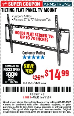 Harbor Freight Coupon ARMSTRONG 37 IN. TO 70 IN. LARGE TILT FLAT PANEL TV MOUNT Lot No. 64356 Expired: 3/1/20 - $14.99