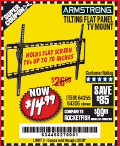 Harbor Freight Coupon ARMSTRONG 37 IN. TO 70 IN. LARGE TILT FLAT PANEL TV MOUNT Lot No. 64356 Expired: 6/30/20 - $14.99