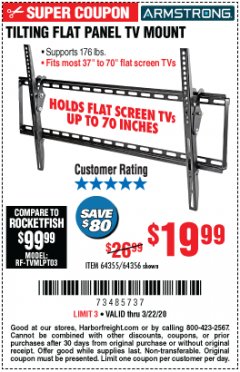 Harbor Freight Coupon ARMSTRONG 37 IN. TO 70 IN. LARGE TILT FLAT PANEL TV MOUNT Lot No. 64356 Expired: 3/22/20 - $19.99