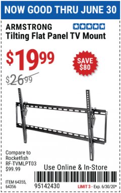 Harbor Freight Coupon ARMSTRONG 37 IN. TO 70 IN. LARGE TILT FLAT PANEL TV MOUNT Lot No. 64356 Expired: 6/30/20 - $19.99