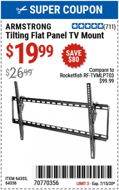 Harbor Freight Coupon ARMSTRONG 37 IN. TO 70 IN. LARGE TILT FLAT PANEL TV MOUNT Lot No. 64356 Expired: 7/15/20 - $19.99