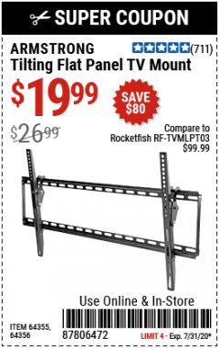 Harbor Freight Coupon ARMSTRONG 37 IN. TO 70 IN. LARGE TILT FLAT PANEL TV MOUNT Lot No. 64356 Expired: 7/31/20 - $19.99