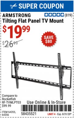 Harbor Freight Coupon ARMSTRONG 37 IN. TO 70 IN. LARGE TILT FLAT PANEL TV MOUNT Lot No. 64356 Expired: 8/31/20 - $19.99