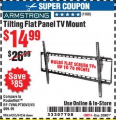 Harbor Freight Coupon ARMSTRONG 37 IN. TO 70 IN. LARGE TILT FLAT PANEL TV MOUNT Lot No. 64356 Expired: 2/28/21 - $14.99