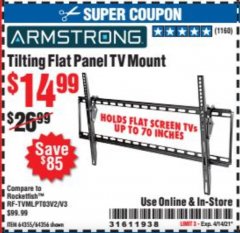 Harbor Freight Coupon ARMSTRONG 37 IN. TO 70 IN. LARGE TILT FLAT PANEL TV MOUNT Lot No. 64356 Expired: 4/14/21 - $14.99