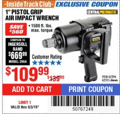 Harbor Freight ITC Coupon 1" PISTOL GRIP AIR IMPACT WRENCH Lot No. 62396/62355 Expired: 9/3/19 - $109.99