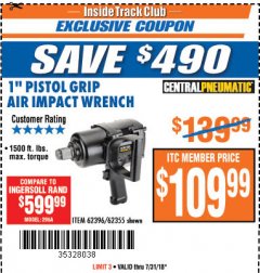 Harbor Freight ITC Coupon 1" PISTOL GRIP AIR IMPACT WRENCH Lot No. 62396/62355 Expired: 7/31/18 - $109.99