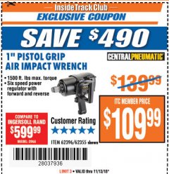 Harbor Freight ITC Coupon 1" PISTOL GRIP AIR IMPACT WRENCH Lot No. 62396/62355 Expired: 11/13/18 - $109.99