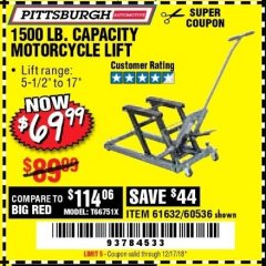 Harbor Freight Coupon 1500 LB. CAPACITY ATV/MOTORCYCLE LIFT Lot No. 2792/69995/60536/61632 Expired: 12/17/18 - $69.99