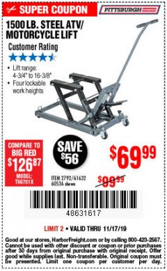 Harbor Freight Coupon 1500 LB. CAPACITY ATV/MOTORCYCLE LIFT Lot No. 2792/69995/60536/61632 Expired: 11/17/19 - $69.99