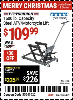 Harbor Freight Coupon 1500 LB. CAPACITY ATV/MOTORCYCLE LIFT Lot No. 2792/69995/60536/61632 Expired: 12/24/23 - $109.99