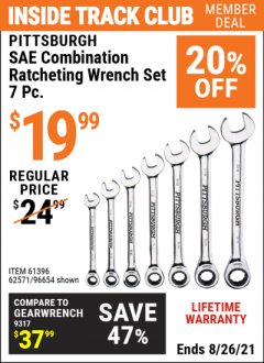 Harbor Freight ITC Coupon 7 PIECE RATCHETING COMBINATION WRENCH SETS Lot No. 96654/61396/62571/95552/61400/62572 Expired: 8/26/21 - $19.99