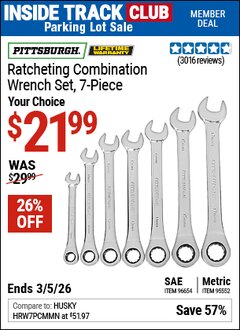 Harbor Freight ITC Coupon PITTSBURGH METRIC RATCHETING COMBINATION WRENCH SET, 7-PIECE Lot No. 95552/96654 Expired: 3/5/26 - $21.99