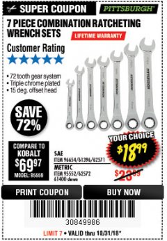 Harbor Freight Coupon 7 PIECE RATCHETING COMBINATION WRENCH SETS Lot No. 96654/61396/62571/95552/61400/62572 Expired: 10/31/18 - $18.99