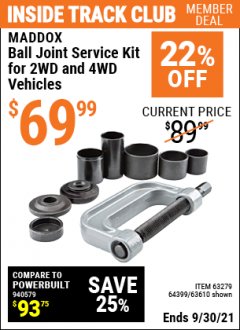 Harbor Freight ITC Coupon BALL JOINT SERVICE KIT FOR 2WD AND 4WD VEHICLES Lot No. 64399/63279/63258/63610 Expired: 9/30/21 - $69.99