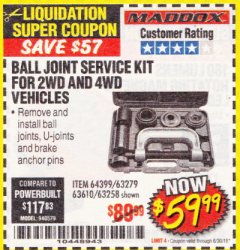 Harbor Freight Coupon BALL JOINT SERVICE KIT FOR 2WD AND 4WD VEHICLES Lot No. 64399/63279/63258/63610 Expired: 6/30/18 - $59.99