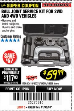 Harbor Freight Coupon BALL JOINT SERVICE KIT FOR 2WD AND 4WD VEHICLES Lot No. 64399/63279/63258/63610 Expired: 11/30/18 - $59.99