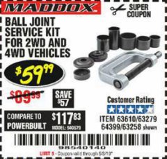 Harbor Freight Coupon BALL JOINT SERVICE KIT FOR 2WD AND 4WD VEHICLES Lot No. 64399/63279/63258/63610 Expired: 6/15/19 - $59.99