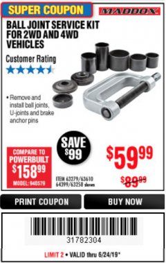 Harbor Freight Coupon BALL JOINT SERVICE KIT FOR 2WD AND 4WD VEHICLES Lot No. 64399/63279/63258/63610 Expired: 6/23/19 - $59.99