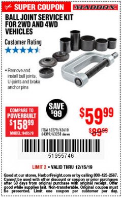 Harbor Freight Coupon BALL JOINT SERVICE KIT FOR 2WD AND 4WD VEHICLES Lot No. 64399/63279/63258/63610 Expired: 12/15/19 - $59.99