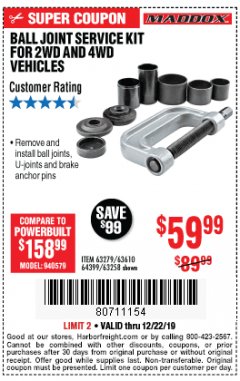 Harbor Freight Coupon BALL JOINT SERVICE KIT FOR 2WD AND 4WD VEHICLES Lot No. 64399/63279/63258/63610 Expired: 12/22/19 - $59.99