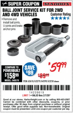 Harbor Freight Coupon BALL JOINT SERVICE KIT FOR 2WD AND 4WD VEHICLES Lot No. 64399/63279/63258/63610 Expired: 2/7/20 - $59.99