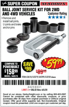 Harbor Freight Coupon BALL JOINT SERVICE KIT FOR 2WD AND 4WD VEHICLES Lot No. 64399/63279/63258/63610 Expired: 6/30/20 - $59.99