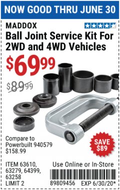 Harbor Freight Coupon BALL JOINT SERVICE KIT FOR 2WD AND 4WD VEHICLES Lot No. 64399/63279/63258/63610 Expired: 6/30/20 - $69.99
