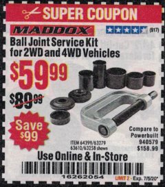 Harbor Freight Coupon BALL JOINT SERVICE KIT FOR 2WD AND 4WD VEHICLES Lot No. 64399/63279/63258/63610 Expired: 7/5/20 - $59.99