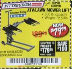 Harbor Freight Coupon PITTSBURGH 300 LB. ATV/LAWN MOWER LIFT Lot No. 61523/60395/62493 Expired: 9/5/18 - $79.99