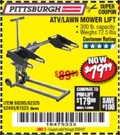 Harbor Freight Coupon HIGH LIFT RIDING LAWN MOWER/ATV LIFT Lot No. 61523/60395/62325/62493 Expired: 9/30/18 - $79.99