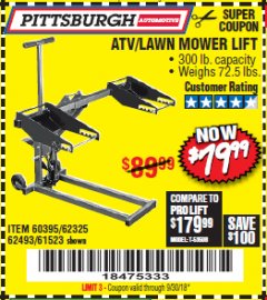 Harbor Freight Coupon PITTSBURGH 300 LB. ATV/LAWN MOWER LIFT Lot No. 61523/60395/62493 Expired: 9/30/18 - $79.99