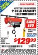 Harbor Freight ITC Coupon 1100 LB. CAPACITY ELECTRIC HOIST Lot No. 62769/60345/62855/60386 Expired: 4/30/16 - $129.99