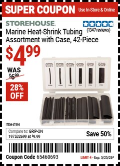 Harbor Freight Coupon STOREHOUSE MARINE HEAT-SHRINK TUBING ASSORTMENT WITH CASE, 42-PIECE Lot No. 67598 Valid Thru: 5/25/26 - $4.99