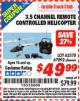 Harbor Freight ITC Coupon 3.5 CHANNEL REMOTE CONTROLLED HELICOPTER Lot No. 62578/67092 Expired: 4/30/16 - $49.99