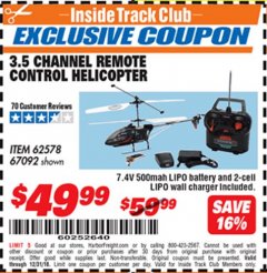 Harbor Freight ITC Coupon 3.5 CHANNEL REMOTE CONTROLLED HELICOPTER Lot No. 62578/67092 Expired: 12/31/18 - $49.99