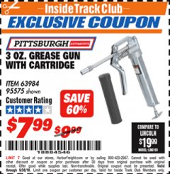 Harbor Freight ITC Coupon 3 OZ. GREASE GUN WITH CARTRIDGE Lot No. 95575 Expired: 9/30/18 - $7.99