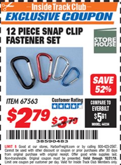 Harbor Freight ITC Coupon STOREHOUSE SNAP CLIP FASTENER SET, 12-PIECE Lot No. 67563 Expired: 10/31/18 - $2.79